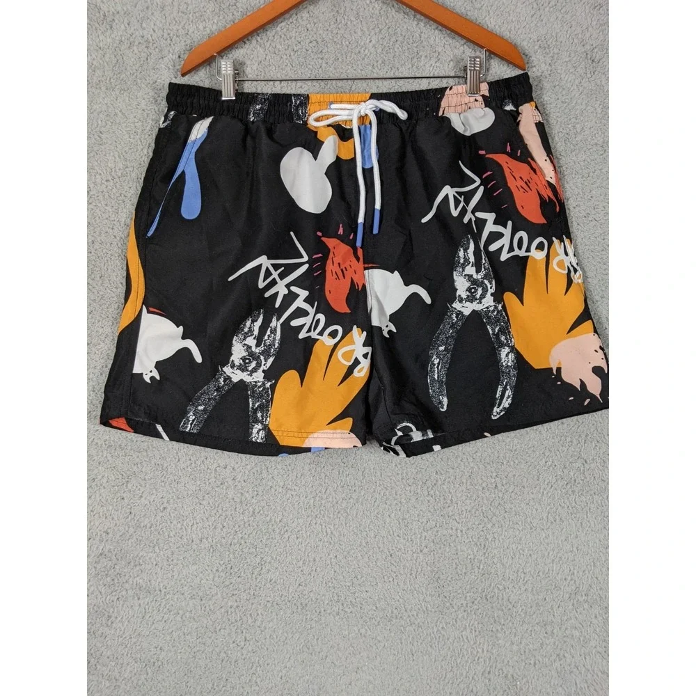 No Boundaries Swim Trunks Mens L Black Abstract Graffiti Graphic Drawstring
